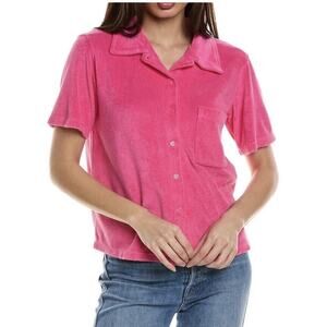 Monrow Ladies S Terry Pocket Shirt Button Up Lounge Top Azalea Pink - Evereve -